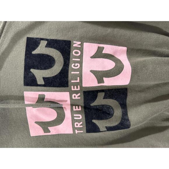 True Religion Army Green And Pink Logo Cropped Hoodie Sweatshirt- Size Small - Picture 3 of 9